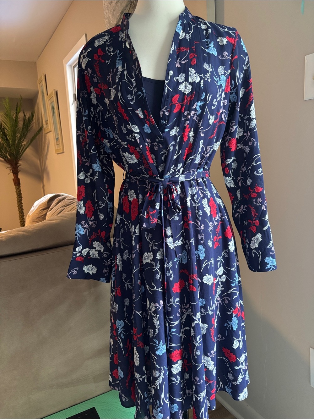 Nannette Navy Floral Long-Sleeve Wrap Dress with Red & White Accents
